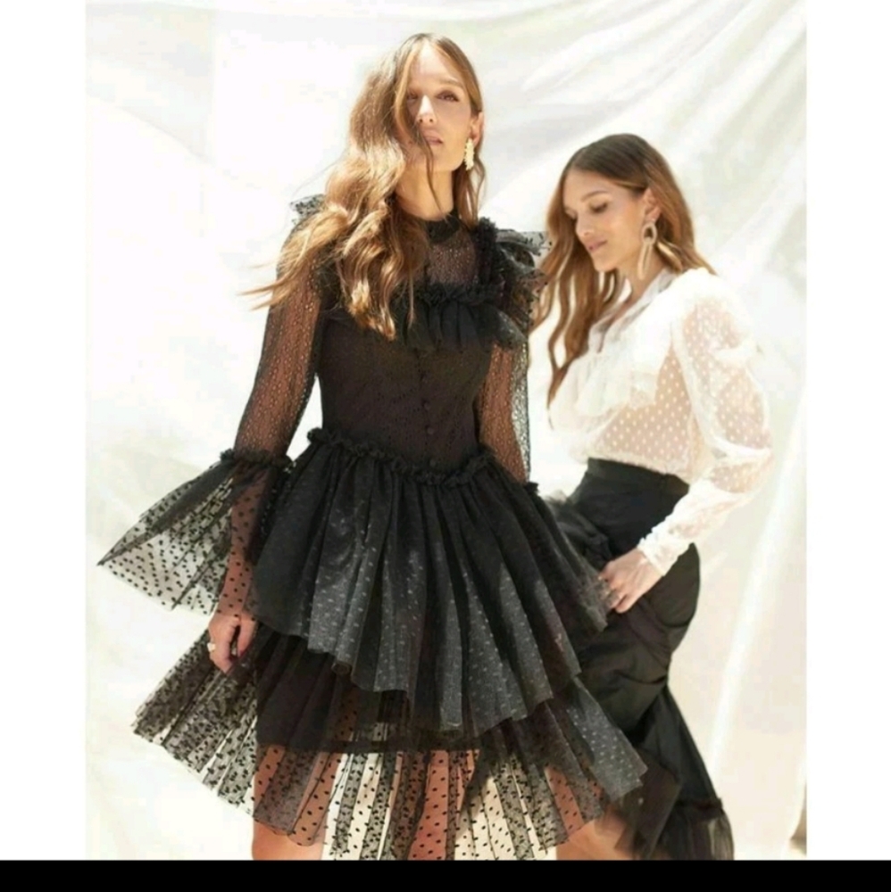 Sandra Mansour Black Lace Dress Flounce Ruffle Long Sleeve Sz L Goth Witchy